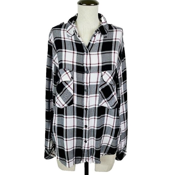 Sanctuary Boyfriend Shirt S Black White Burgundy Plaid Soft Button-Front… - Picture 1 of 8